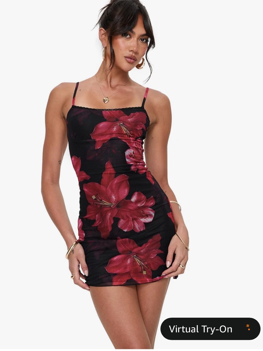 Princess Polly Black Mini Dress with Red Floral Print